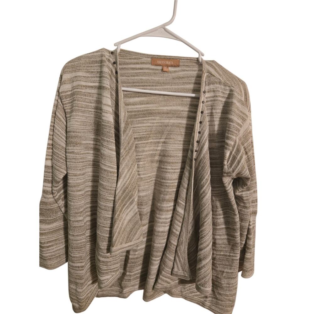 Ellen Tracy Striped Studded Open Front Cardigan Sweater Beige White M